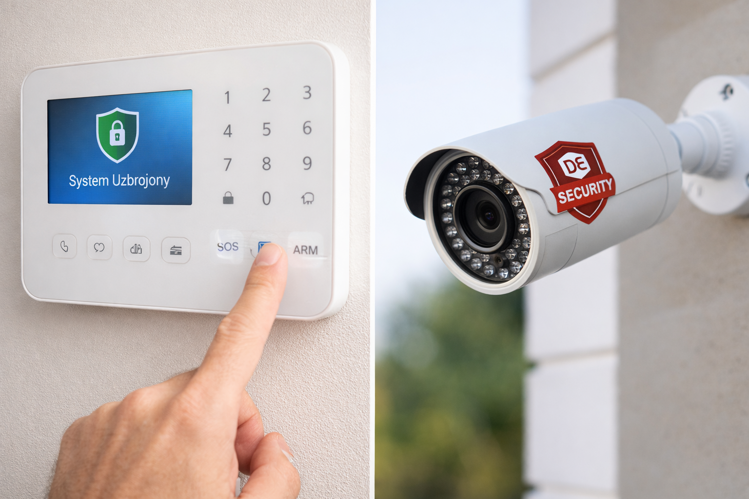 Nowoczesny panel sterowania alarmem domowym lub zbliżenie na kamerę monitoringu z widocznym logo firmy ochroniarskie