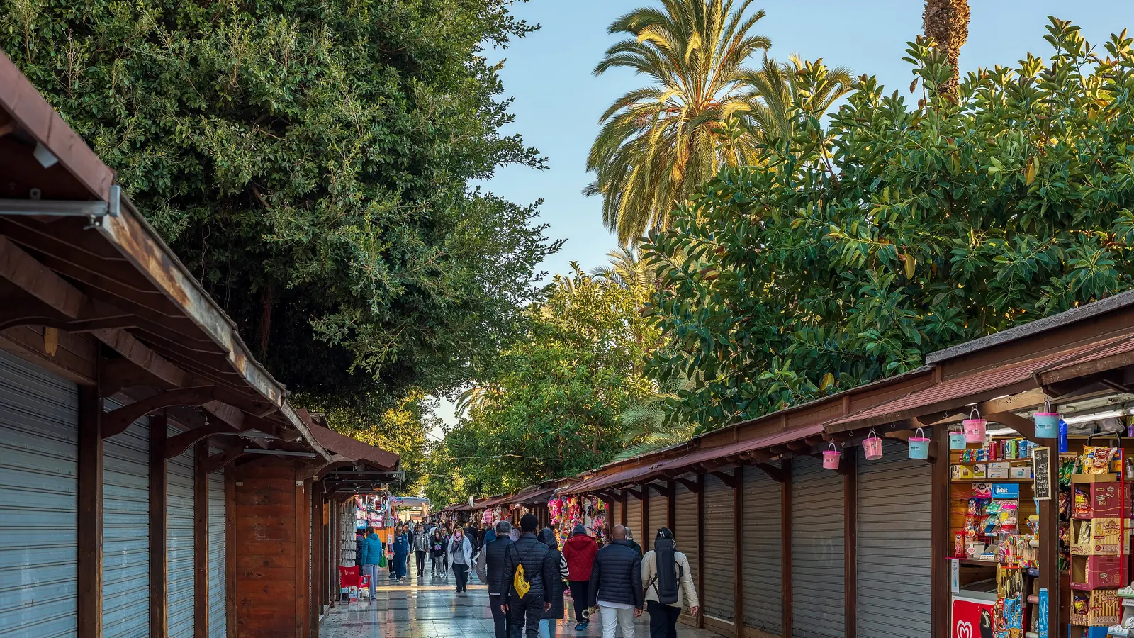 Piątkowy targ w Torrevieji w styczniu, spacerujący ludzie w lekkich kurtkach
